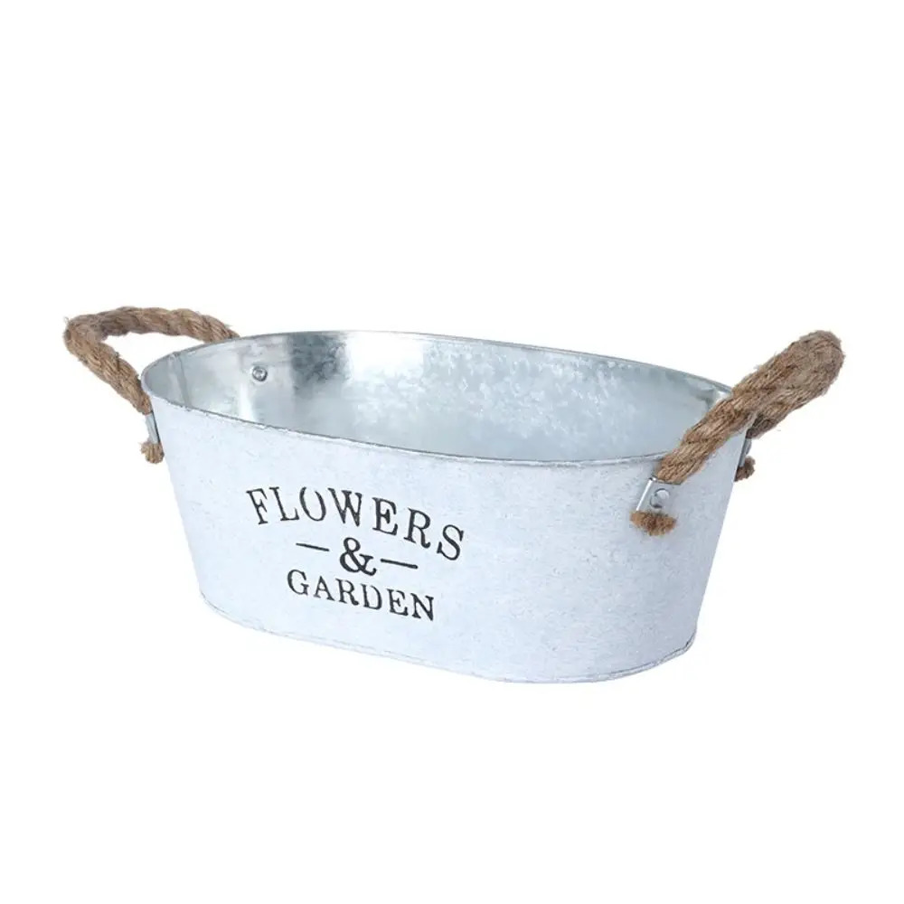 Multipurpose Rustic Iron Oval Flowerpot Wooden Handle European Style Retro Flower Vase Pastoral Wooden Flower Bucket Balcony