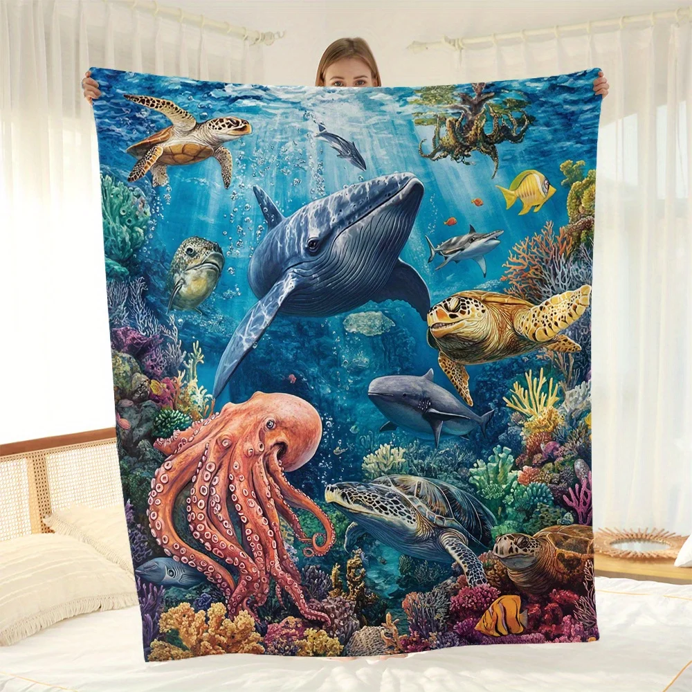 Ocean Theme Flannel Fleece Throw Blanket Lightweight Soft Polyester Bed Cover with Underwater Sea Life Digital Print