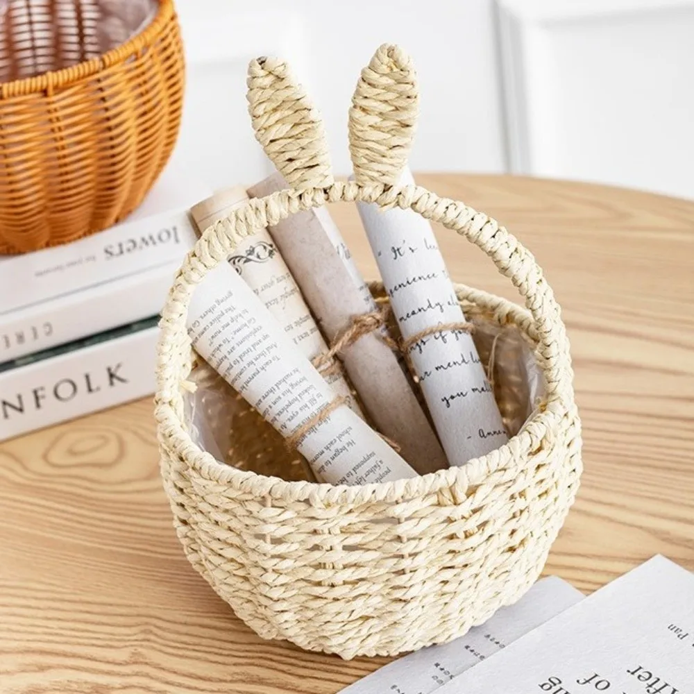Cartoon Rabbit Ear Storage Basket Multifunctional with Handles Egg Gathering Ornaments Hand Woven Basket Easter Festival Gift