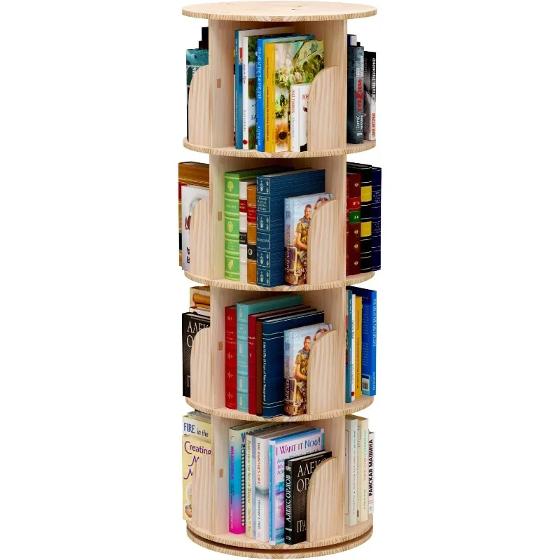 

Rotating Bookshelf 360 Degrees, 4 Tier Stackable Solid Wood Bookshelf Organizer, Storage Display Rack Floor Standing Bookcase