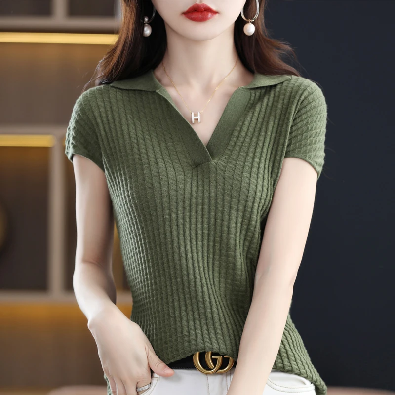 2023 Spring and Autumn Women\'s Cashmere Sweater Women\'s POLO T-shirt Pullover Short Sleeve Cashmere Short Sleeve Knitted Top