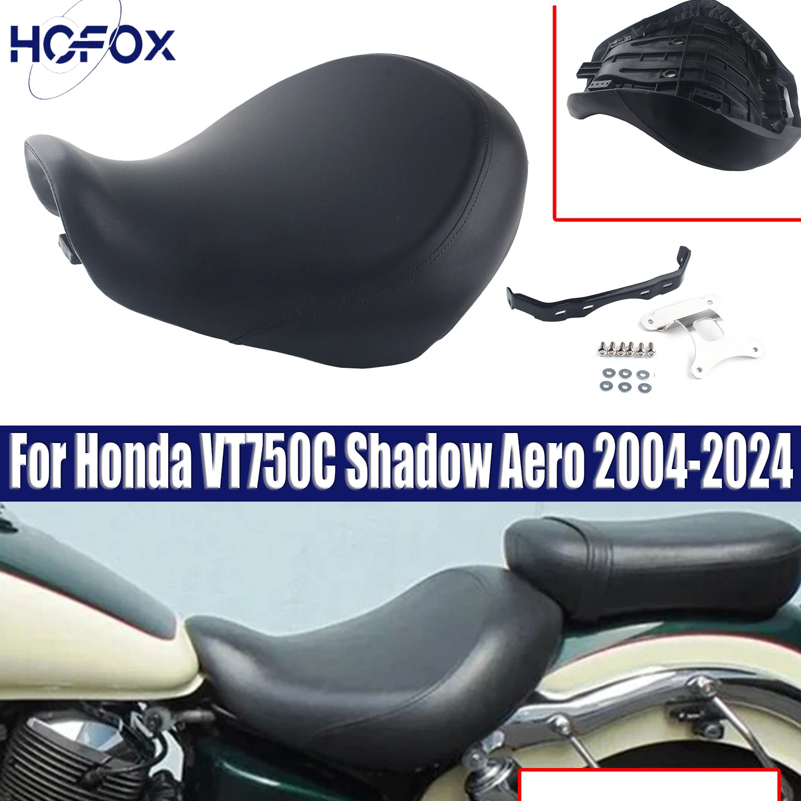 

For Honda VT750C Shadow Aero 2004-2024 Black Driver Rider Solo Seat Motorcycle PU Leather Pad