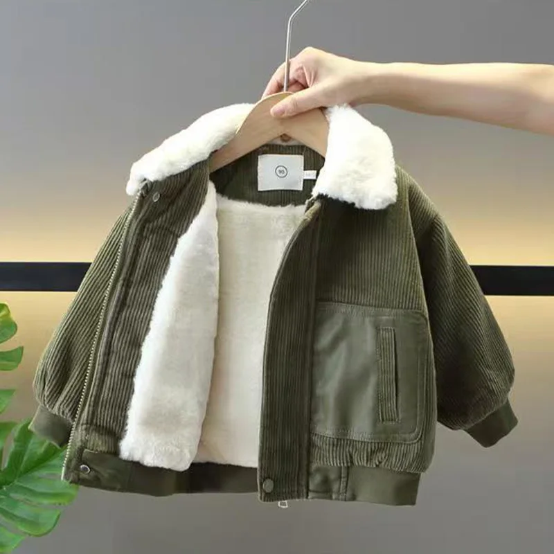 2026 Boys Plush Warm Cotton Jacket Autumn Winter Fashion Fur Lapel Corduroy Zipper Coat Kids Splicing Outerwear 2-6 Years