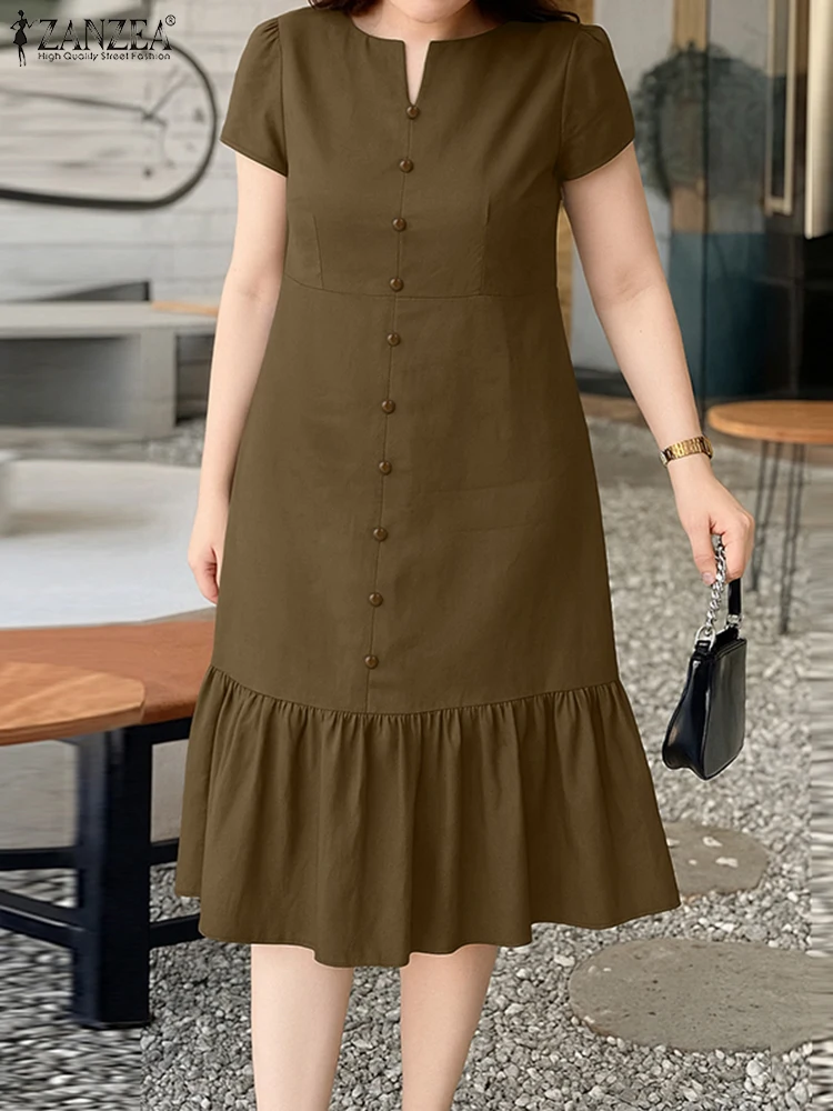 ZANZEA-vestido Midi elegante con cuello en V para mujer, vestido veraniego para trabajo de oficina, manga corta, botones lisos, 2025