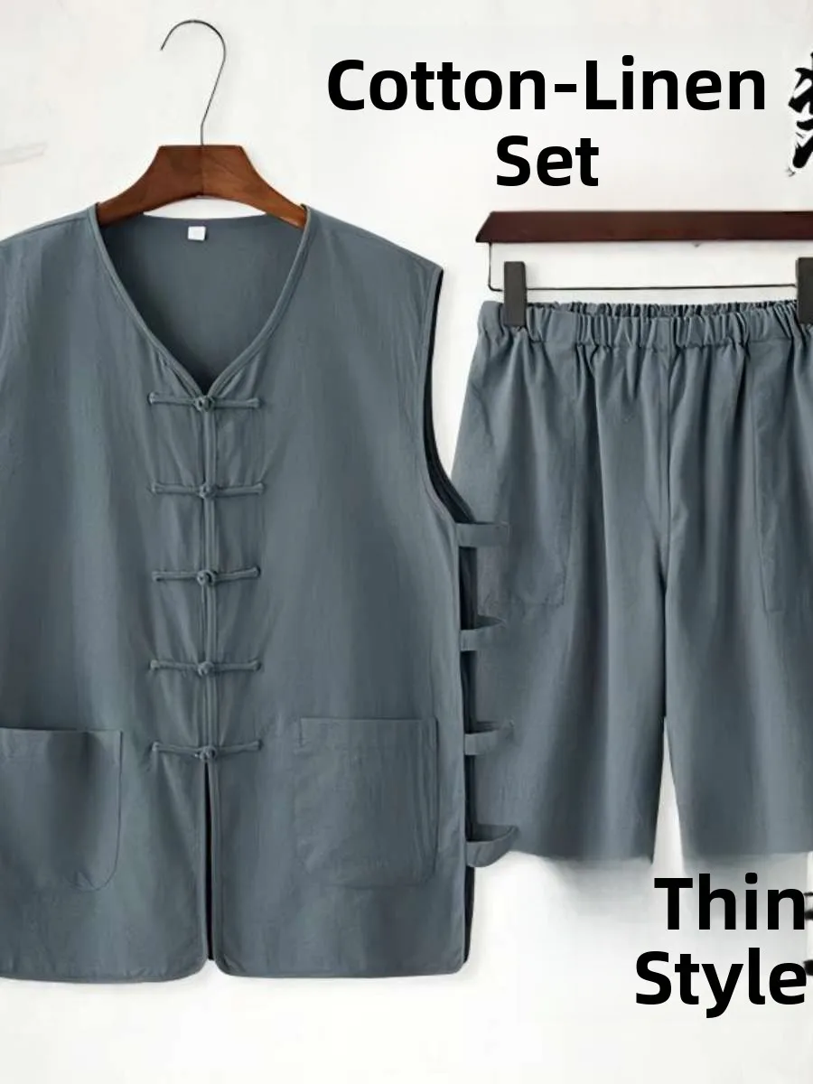 

Мужской летний жилет-костюм в стиле Тан, без рукавов, из хлопка и льна, на пуговицах, в ретро-китайском стиле, с льняными накладками на плечи