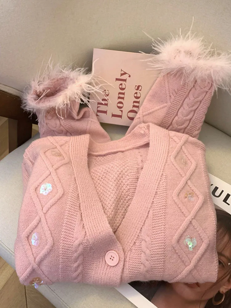 Formal Occasion Women Pink Cardigan Luxury Fashion Sequins Sweater Autumn Long Sleeve Plush Knitted Pullover 90s Autumn Winter