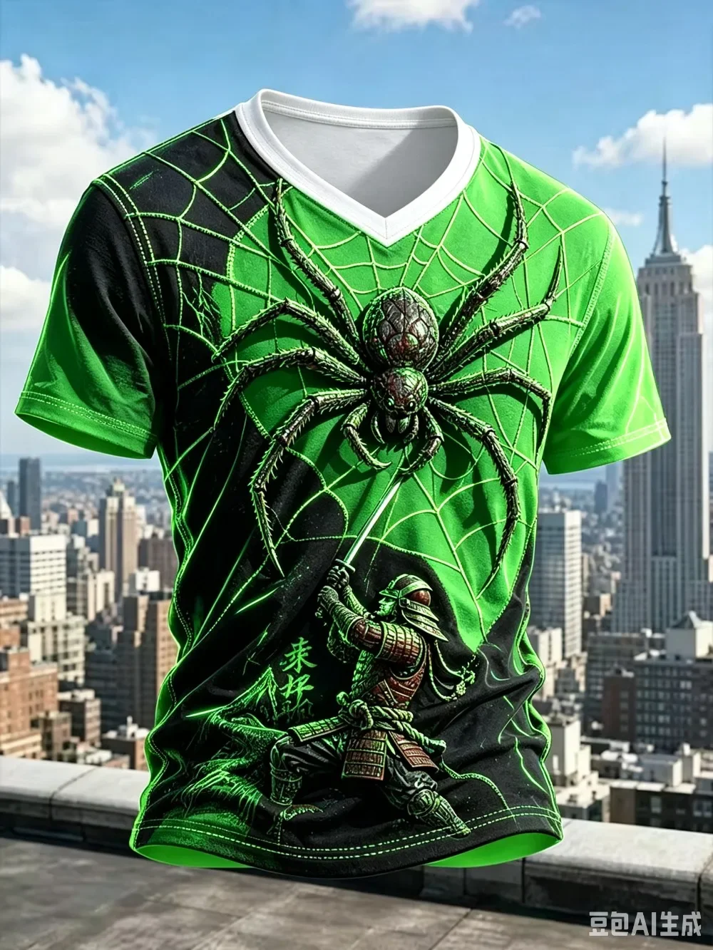 Harajuku Spider and Samurai Pattern 3D Print Sport Quickdry Breath Men V-neckT-Shirt Outdoor Street Casual Parent-Child Clothing