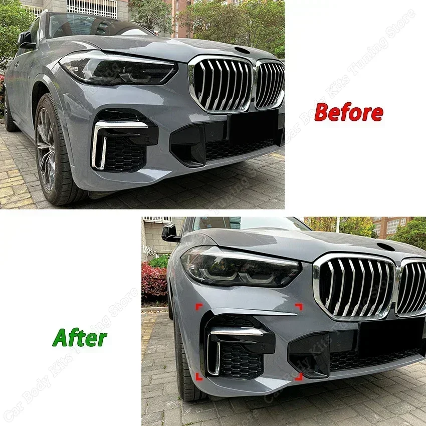 Gloss Black Car Front Bumper Lip Side Spoiler Fog Lamp Frames Cover Grille For BMW X5 G05 M Sport 2019-2022 Body Kits Splitter