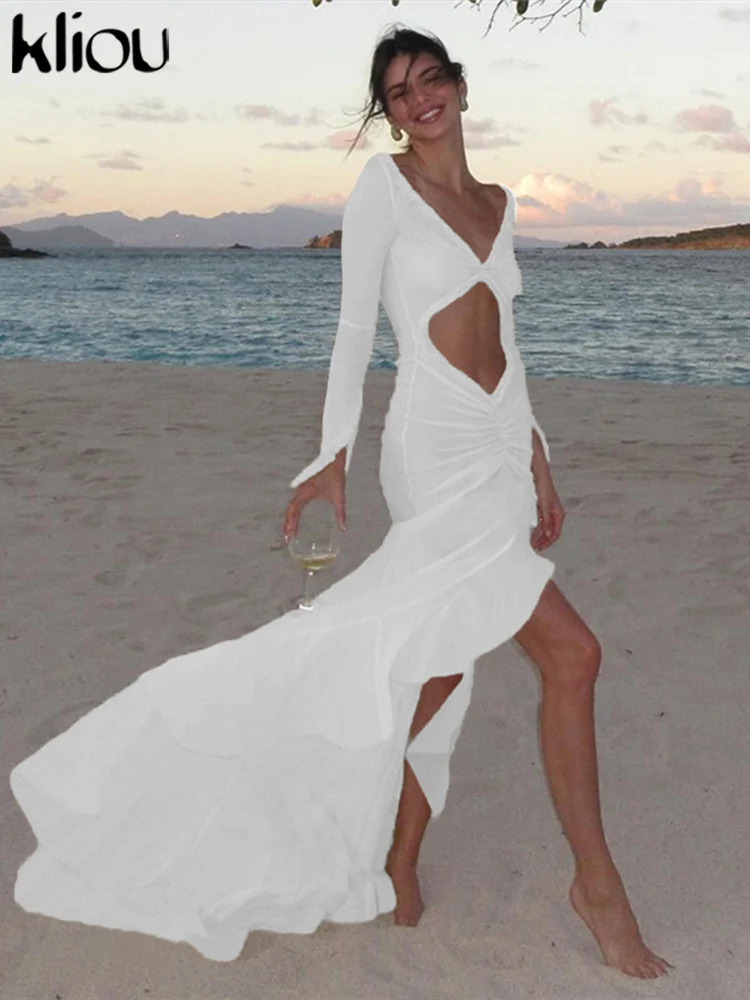 kliou Solid Mesh Maxi Dresses Women Patchwork Hollow Out Long Sleeve Asymmetrical Beach Style Bodycon Female Concise Attirewear