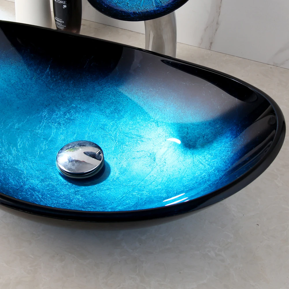 Imagem -04 - Bacia de Vidro Monite-tempered com Torneira de Cachoeira Conjunto de Dreno Pop-up Navio de Banheiro Azul Vanity Counter Top Lavatório