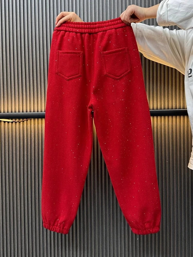 レッドフリース裏地スウェットパンツレディースファッションY2kファインフラッシュハイウエストハーランパンツ冬ルーズ厚く暖かいクロップドパンツ