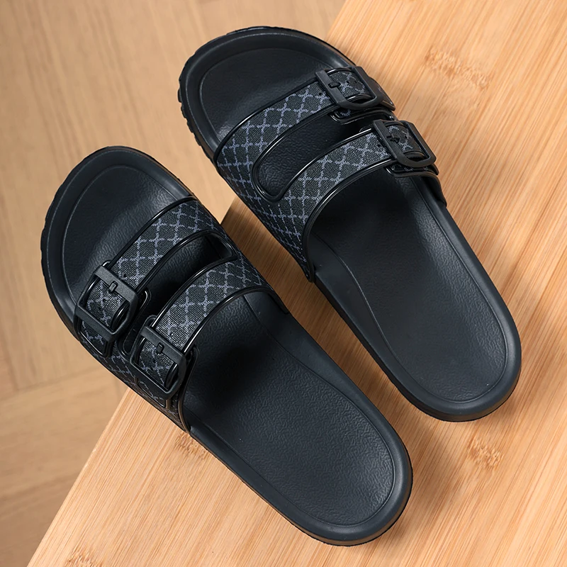 Men's Summer Luxury Monogram Double-Buckle Slippers Anti-Slip Adjustable One-Strip Casual Indoor and Outdoor Beach Slippers