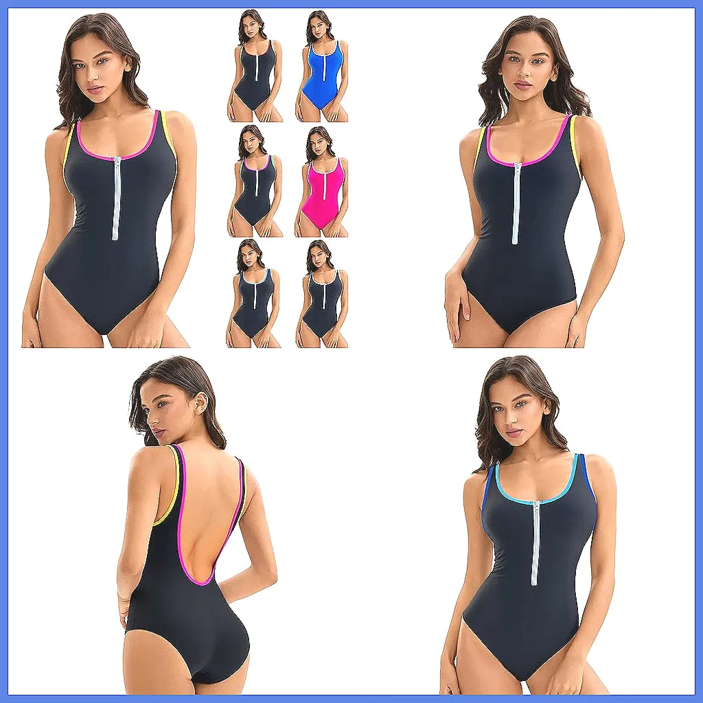 

Women's Athletic Zip-Up One Piece Swimsuit, Color Block Sporty Bathing Suit with Backless Design