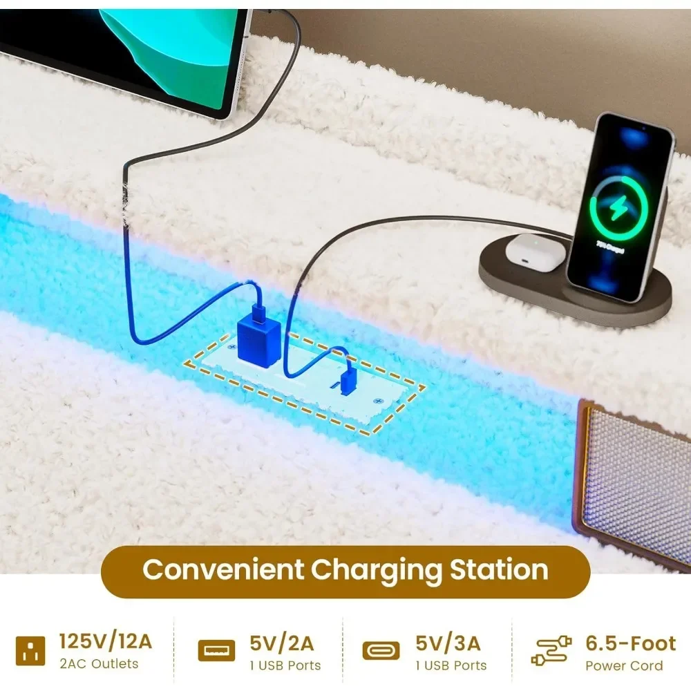 Rangka Tempat Tidur Twin dengan Headboard Penyimpanan dan Stasiun Pengisian Daya, Rangka Tempat Tidur Berlapis Boucle Ukuran Twin dengan 4 Laci dan Lampu LED