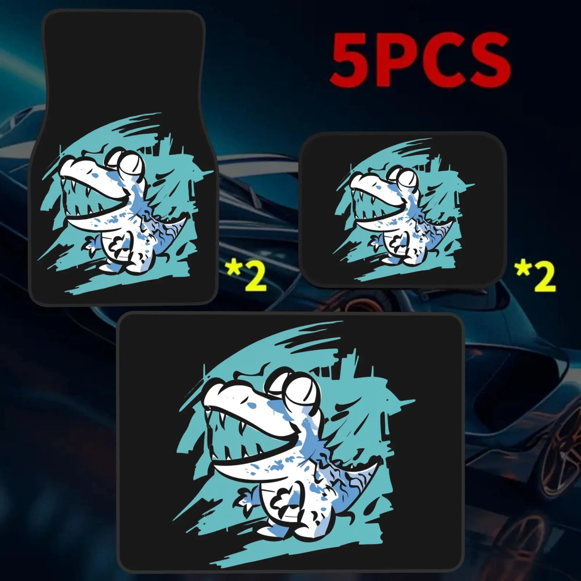 2D Flat Printing 5pcs Blue White Graffiti Cartoon Crocodile Printed Car Mats Set (4 Floor Mats And 1 Trunk Mat), Made Of Durable