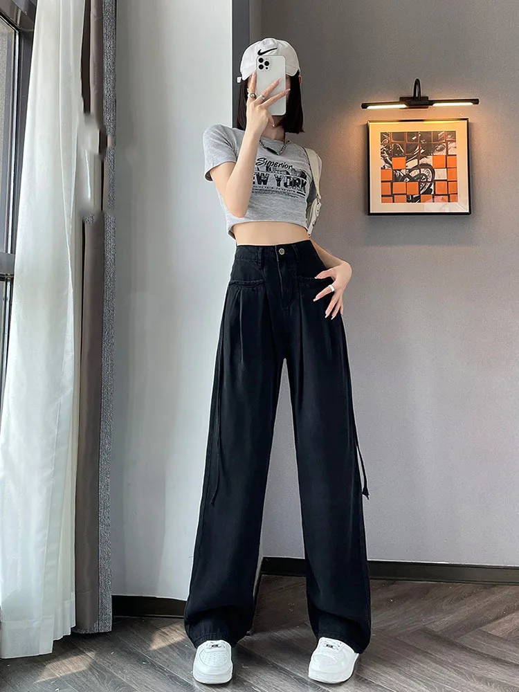 New Wide Leg Straight Jeans Women Boyfriend Baggy High Waist Full Length Denim Pants 2023