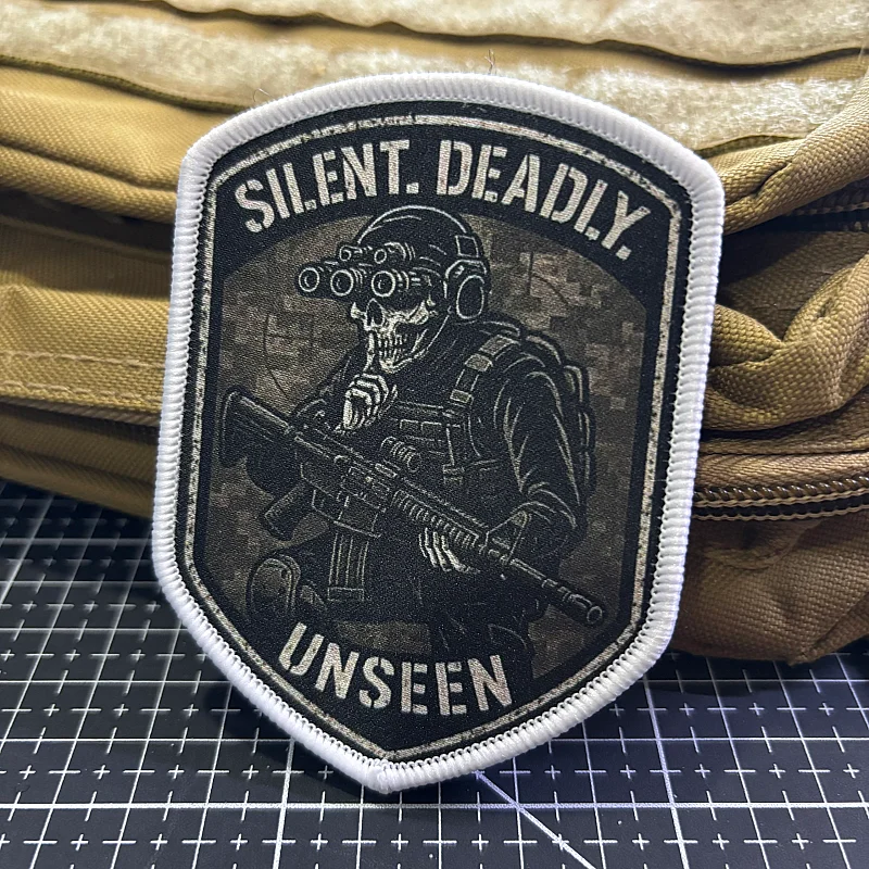 Emblema Tático Silencioso e Mortífero AR15 Reaper, Patches de Impressão com Velcro para Mochila Militar, Adesivo da Morte