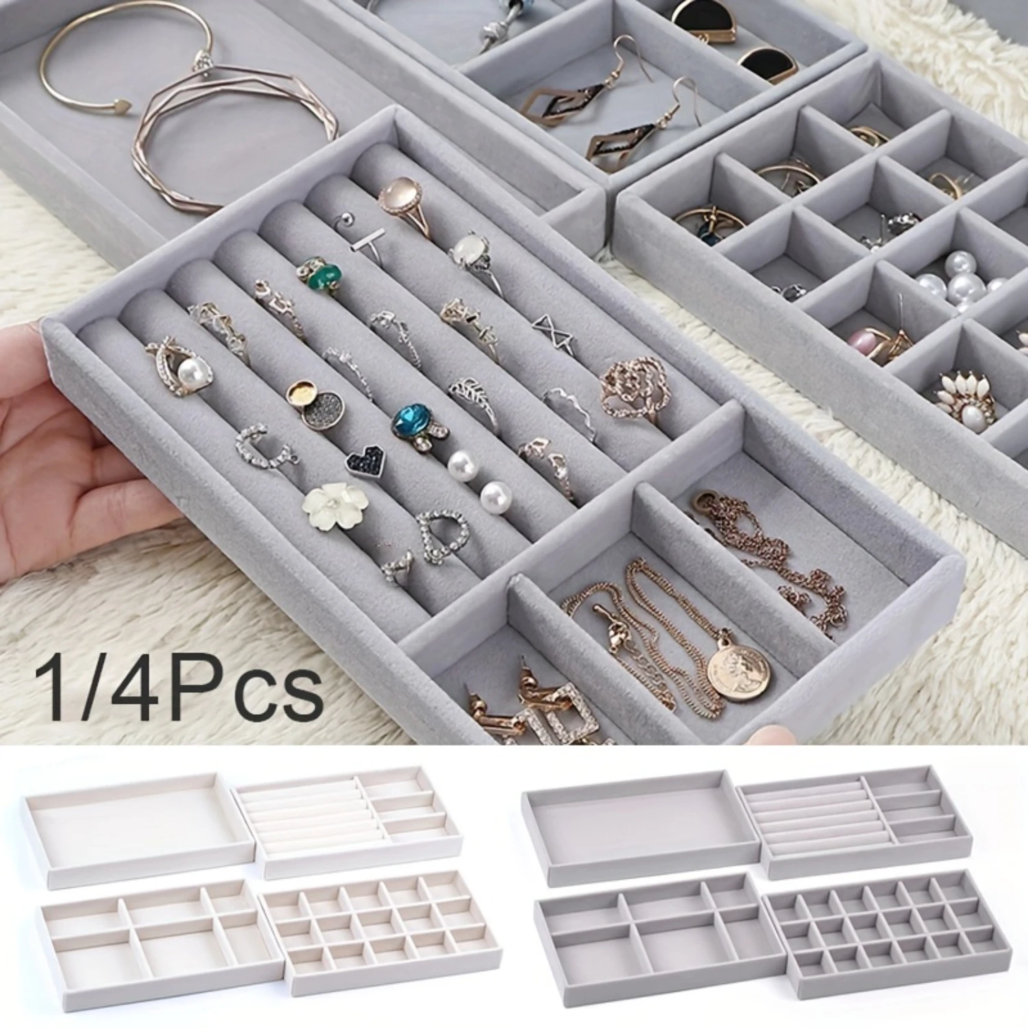 

Velvet Jewelry Organizer Set - 4pc trays for Earrings, Rings, Necklaces & Bracelets - Premium Display Case for Dresser, or Bout