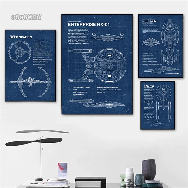 Modern Star Trek Blueprints Posters Canvas Prints Painting Vintage Wall Art Pictures for Living Room Home Decoration (No Frame)