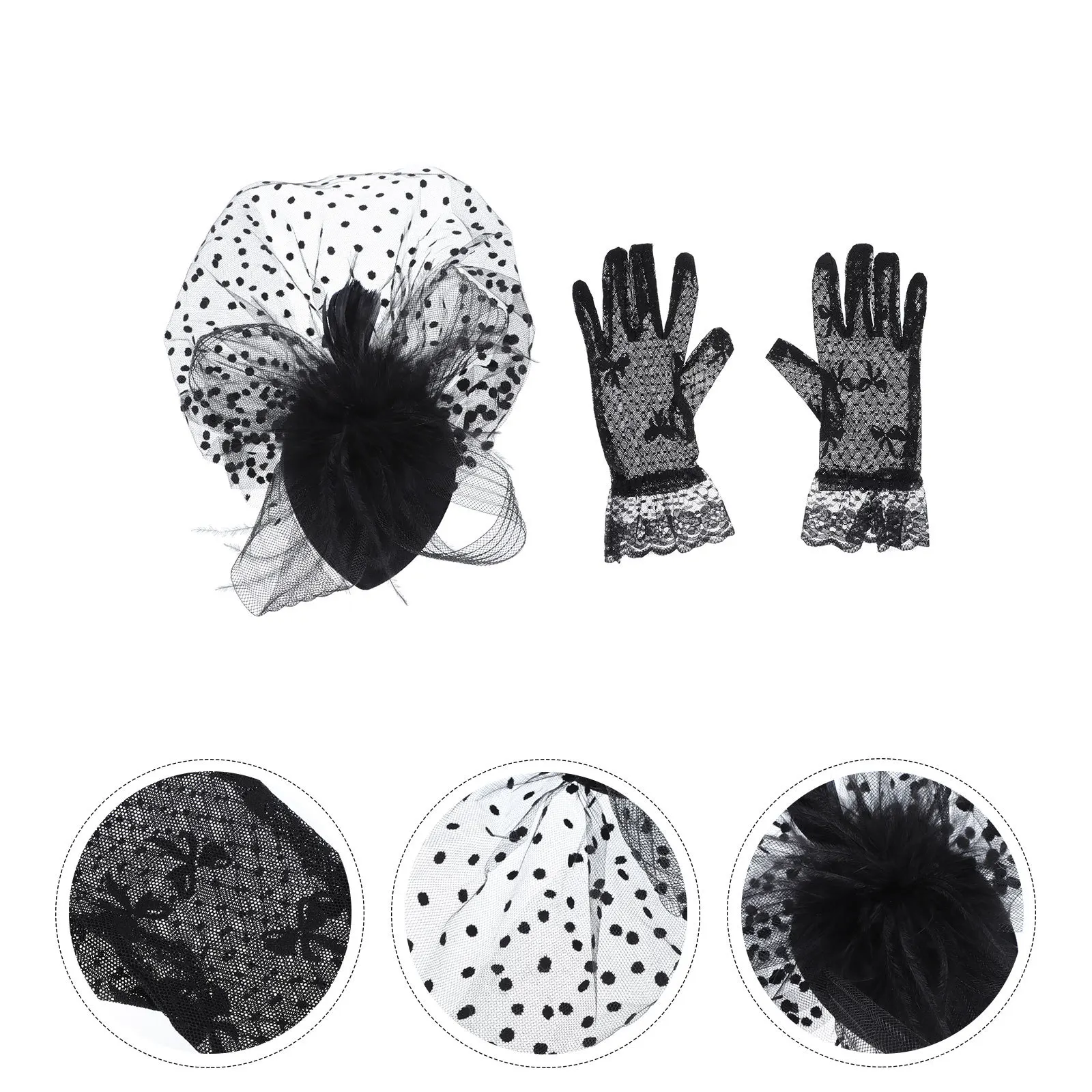 1 مجموعة الرجعية صافي الغزل قبعة قفازات مجموعة غطاء الوجه مأدبة حفل زفاف التصوير فستان شيونغسام التبعي #4