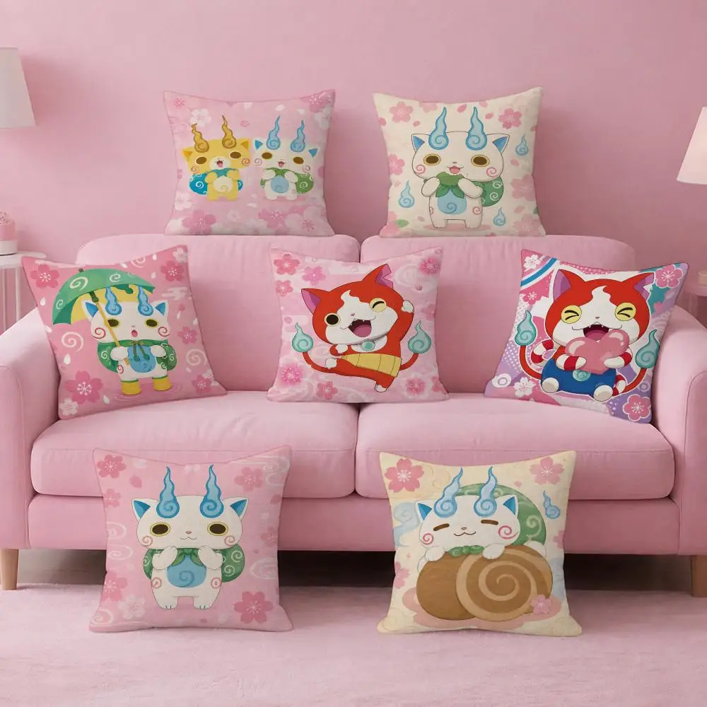 Art Yokai Cute Watch Cushion Cover Pink Linen Textured Double Sided Cushion Cover with Invisible Zipper for Home Decor