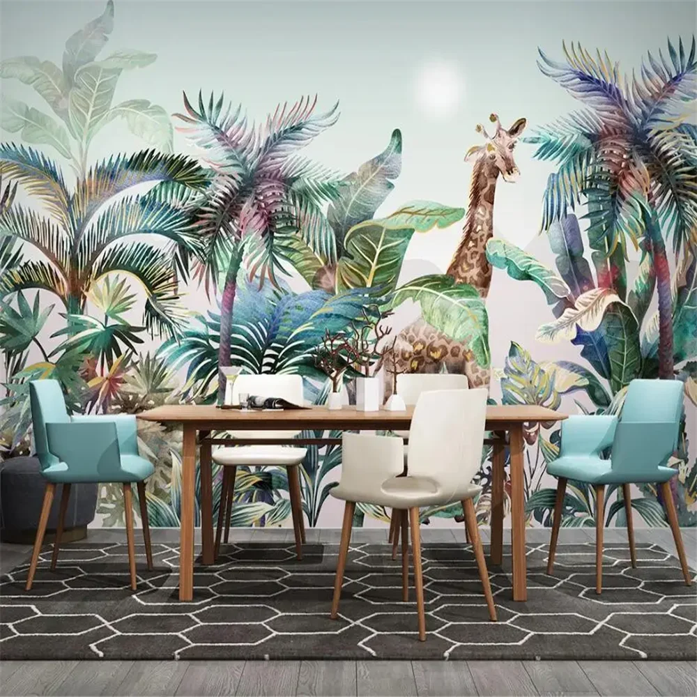 Custom Tropical plant forest watercolor giraffe mural wallpaper for living room background wall papers home decor Wall stickers