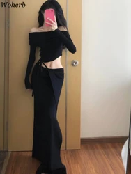 Vintage Two Piece Set 2024 Women's Clothing Slash Neck Tunic Tshirts High Waist Bodycon Bandage Long Skirt Suit Korean Outfits