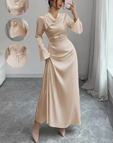 Maxi Dress Spring Summer Women Champagne Satin Cowl Neck Flared Sleeve Belted Elegant Luxurious Party Wedding Evening Dress