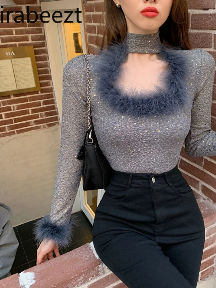 Sexy Casual Hollow Furry Stitching Bright Silk Slim Fit Long Sleeve T-Shirt Women's Autumn and Winter Bottoming Shirt Top