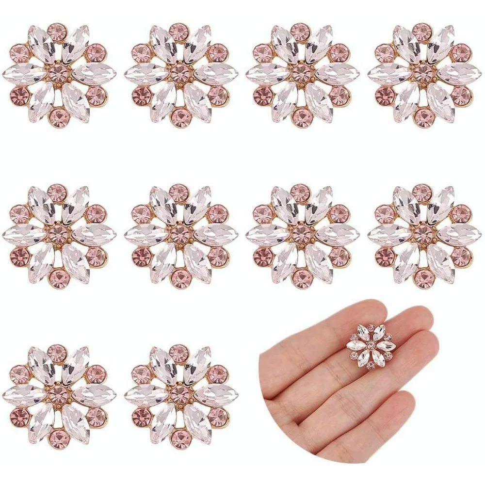 

10 PCS Flower Shape Light Rose Rhinestone Buttons 20mm Diameter Alloy Rhinestone Jewelry Buttons for DIY Clothes & Accessories