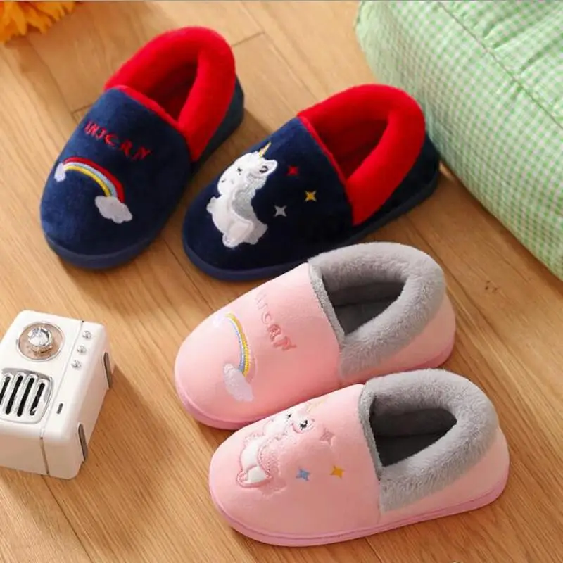 New Unicorn Kids Slippers For Toddler Boys Indoor Shoes Baby Girl Fur Slides Cotton Flip Flop Warm Winter House Children Slipper