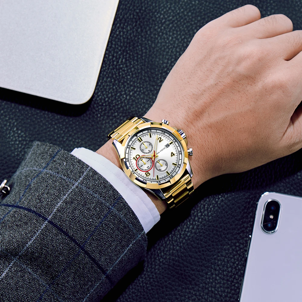 MINI FOCUS 0198 relojes de cuarzo para hombre, cronógrafo de moda luminoso, resistente al agua, reloj de negocios de acero inoxidable para hombre, reloj para hombre