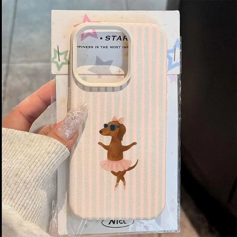 

Pink Striped Background with Dachshund Ballet Pattern Silicone Phone Case For iPhone 17 16 15 14 13 12 11 Pro Max Plus Air Cover