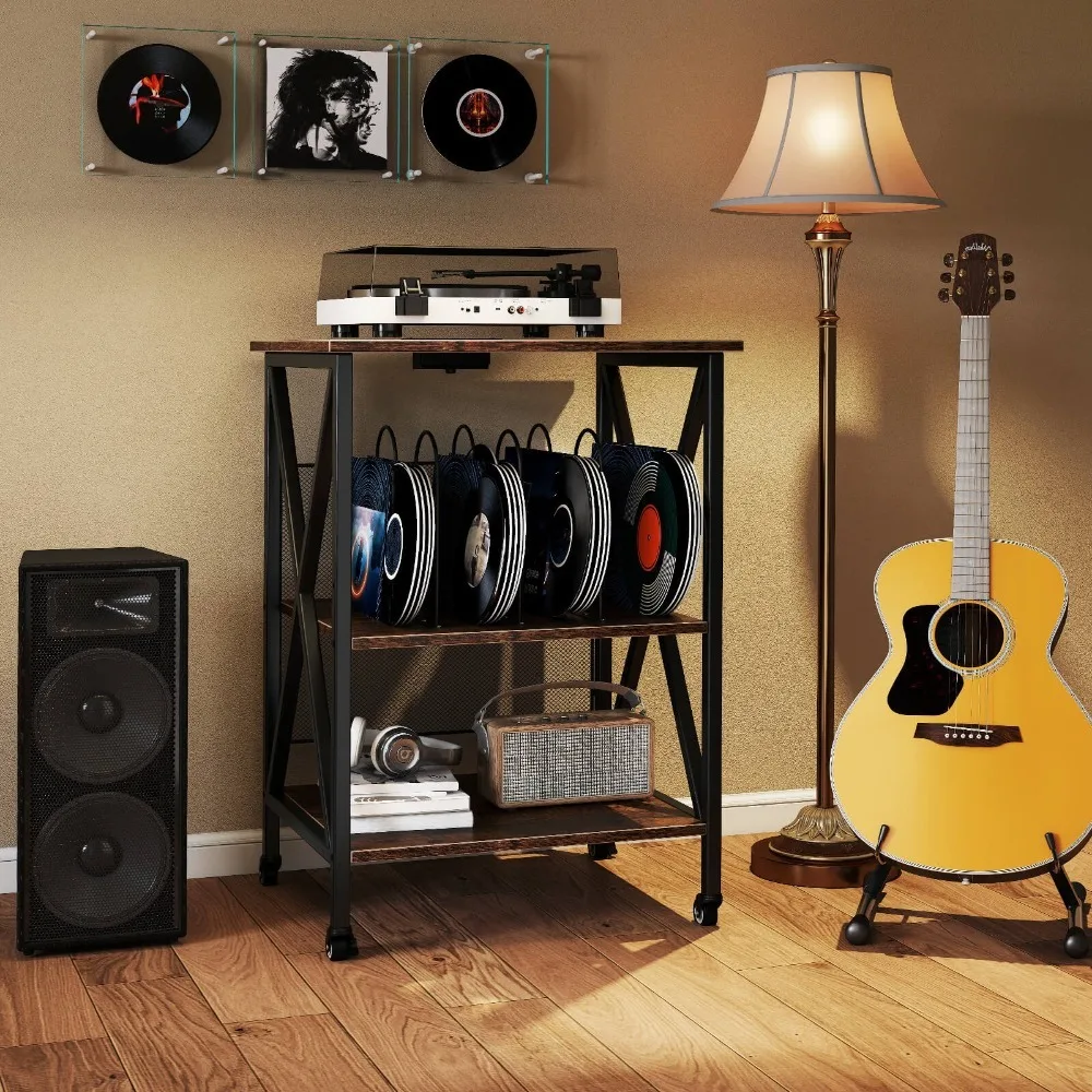 3-laags platenspelerstandaard met metalen verdelers, verstelbare plank en stopcontacten