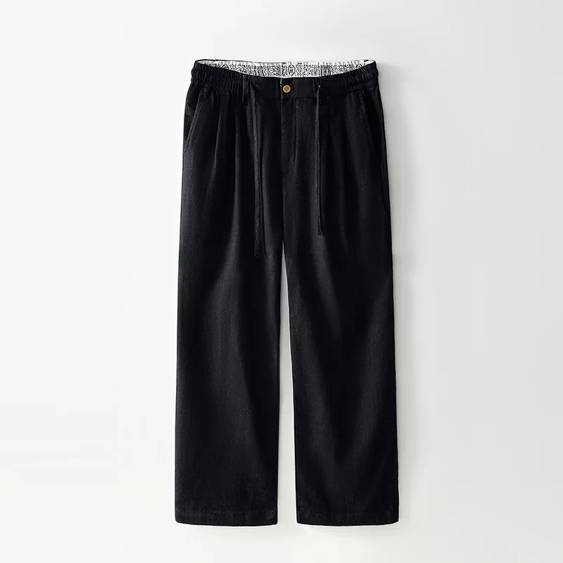 Linen-Cotton Blend Loose Straight Leg Pants - Relaxed Fit Drapey Zipper Tie-Waist Trousers