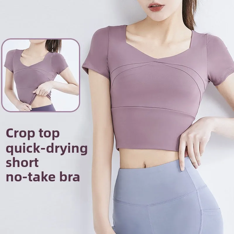 أزياء اليوغا الملابس قصيرة اليوغا الأعلى تمتد مع وسادة الصدر الجوارب الرياضية عارية اليوغا قصيرة الأكمام