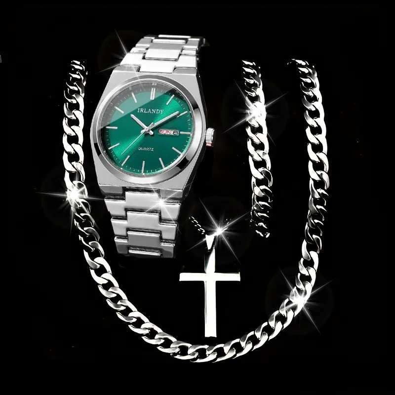 

4PCS Luxury Men Business Watches Bracelet Necklace Set Simple Calendar Quartz Wristwatches For Mens Clock（Without Box）