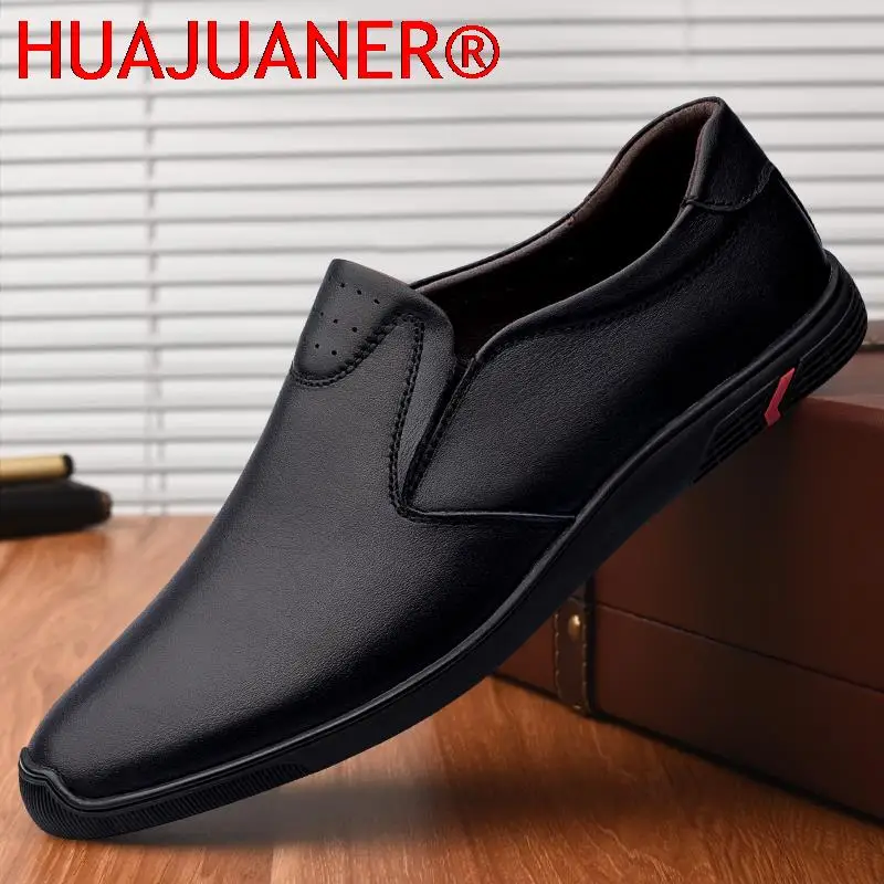 Fashion Black Shoes Men 2025 New Genuine Leather All-Match Luxury Loafers Man One-Legged Casual Soft Sole Cow Leather Shoes Men