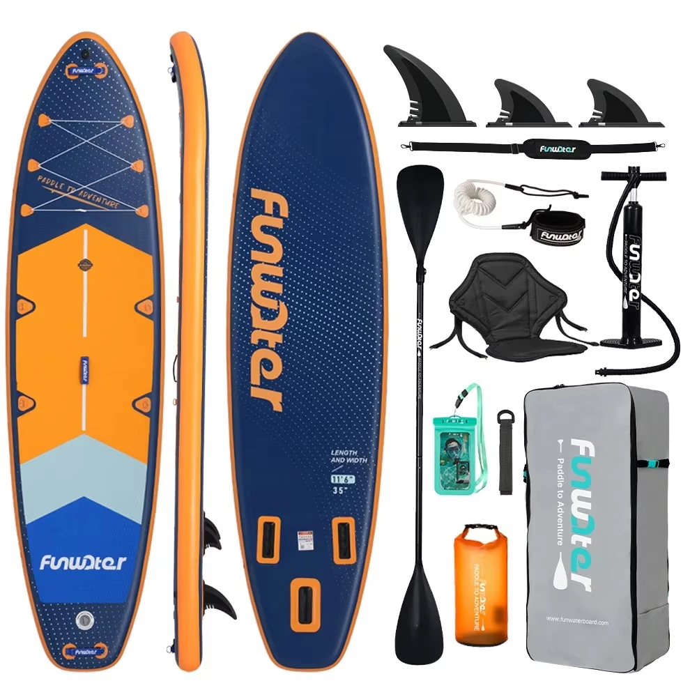 Funwater SUPFW43B Aufblasbares Stand-Up-Paddleboard 350x90x15cm SUP-Board mit hoher Tragfähigkeit Surfbrett für Erwachsene mit verstellbarem Paddel-SUP-Sitz, 3 Sicherheitsleinen, Handhalterung,