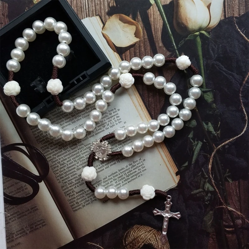 Rosary Necklace Catholic Men Rosary First Communion Rosary False Pearl Imitation Bead Necklace Women Chain Rosary 87HA