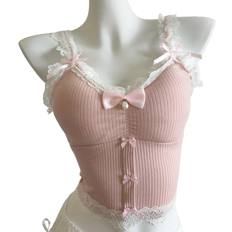 Sweet Crop Top Women Lace Trim Cotton Cropped Bows Bead Decoration Pink White Cute Camis Sweet Girls Lolita Style Kawaii Clothes