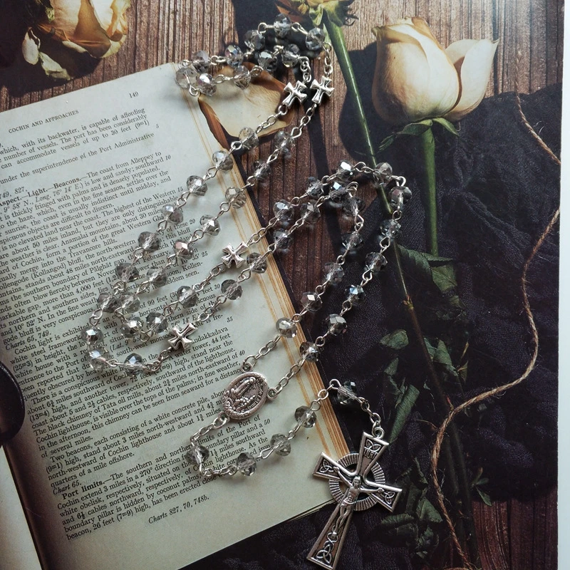 QIGO Gray Crystal Rosary Necklace Vintage Jesus Cross Pendant Religious Prayer Jewelry