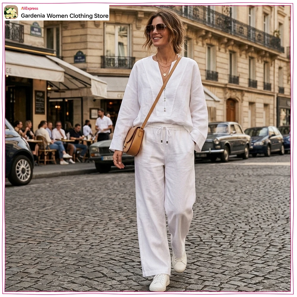 New in Summer Casual Pant Sets for Women V-neckline and Long Sleeve White Kimono Style Shirt & Tonal Mid-rise Straight Leg Pants
