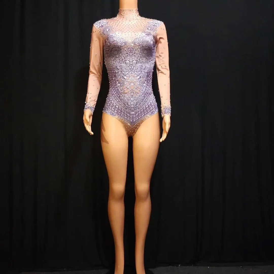 여성 프린트 스키니 긴팔 퍼플 폴댄싱 바디수트 나이트클럽 가수 무대 의상