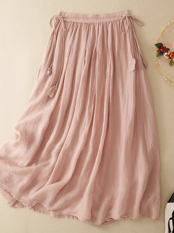 Artistic Pure Color Midi A-Line Skirt Double Layer Brand Buckle Summer New Style Korean Style Commute  Knot mid Waist