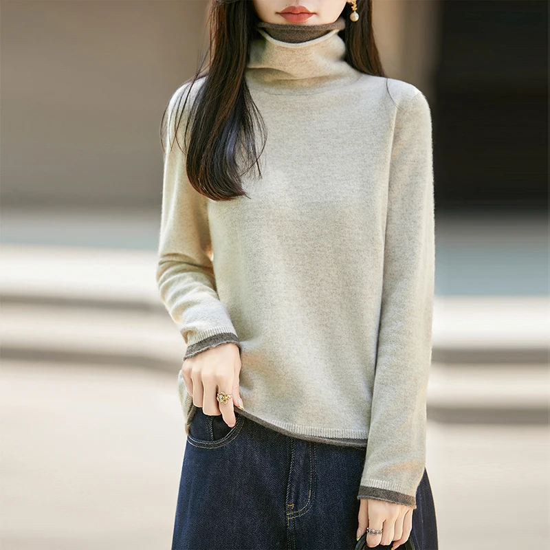 Fake Two Items Stacked Collar Women Wool Sweater Pullover Autumn Winter Color Blocking Female Clothing 100% Merino Wool Knitwear