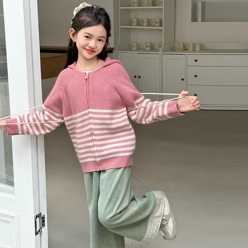 New Design Kids Pink Color Zipper Cardigan with Hoodies for Girls High Fashion Hooded Sweater Children Spring Autumn Knitwear