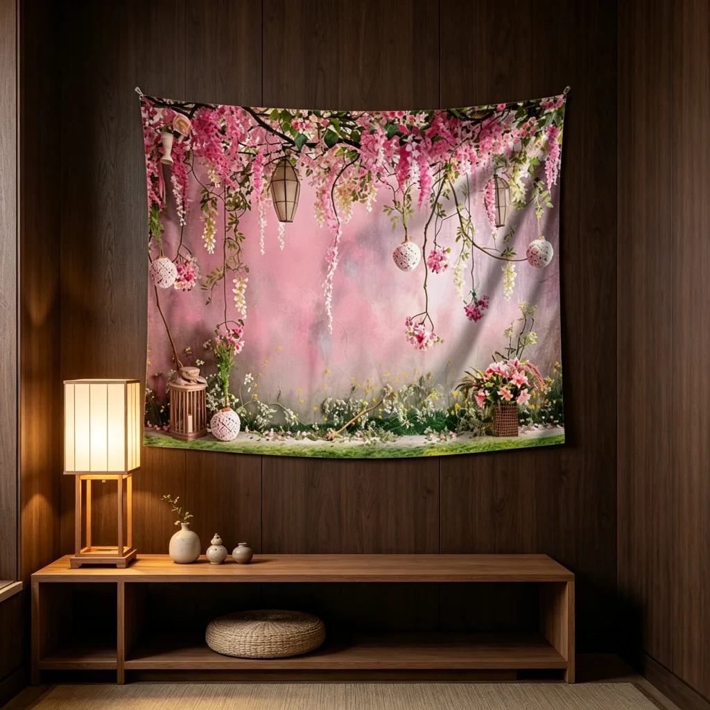 1PC Cherry Blossom Lantern Print Backdrop Banner, Bedroom Photo Background, Polyester Wall Hanging, Home Decor, Wall Art