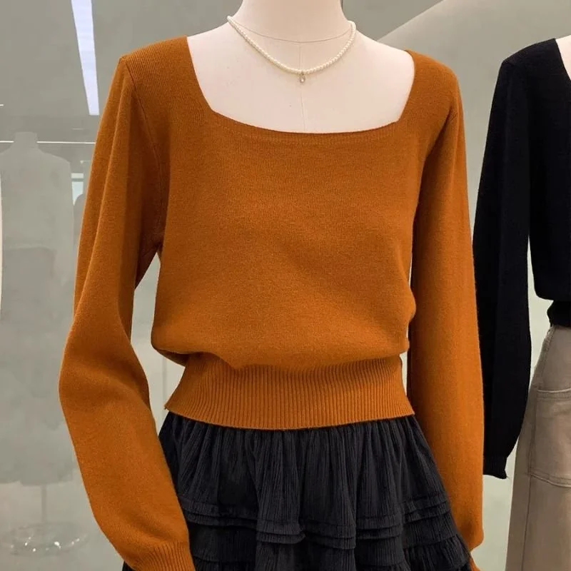 

Pumpkin Color Versatile Square Collar Base Lazy Style Long-sleeved Sweater Thin Sweater Fashionable Underwear Top for Women