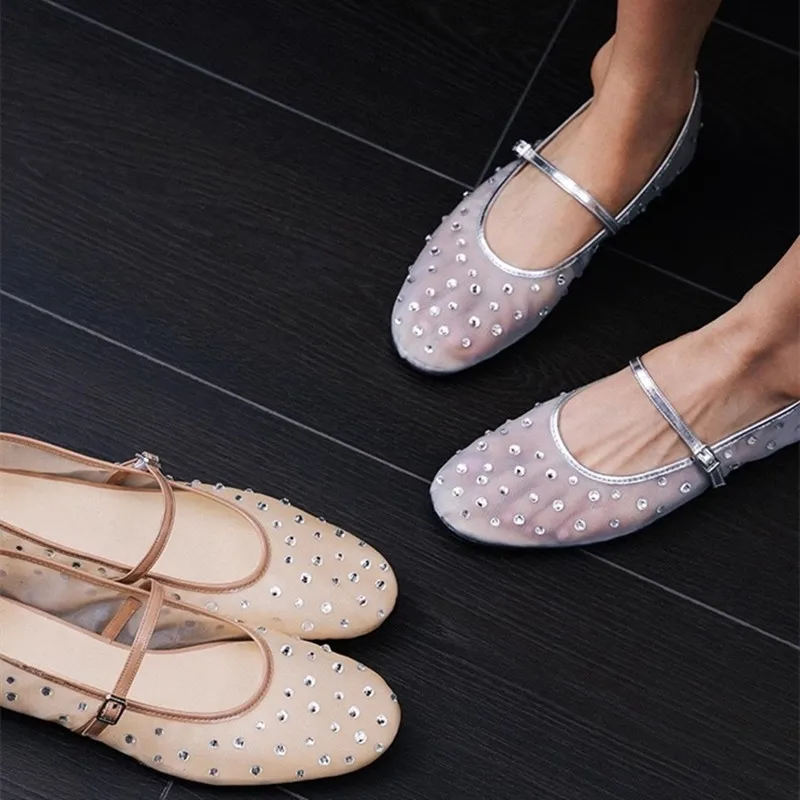 Fashion Rhinestones Mesh Lace Mary Janes Women Ballet Flats Summer Casual Walking Loafers Girls Espadrilles Lazy Dance Shoes